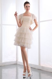 A-line Mini-length Champagne Prom Dress with Ruche and Ruffled Layers