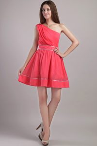 Coral Red A-line One Shoulder Mini-length Chiffon Cocktail Dress