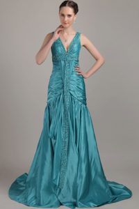 Cheap A-line V-neck Teal Prom Gown Dress with Ruche Beading