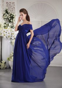 One Shoulder Brush Train Blue Ruched Prom Dress for Autumn