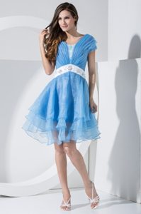 Short Sleeves U-neck Prom Holiday Dress with Beadings and Sash Tiers