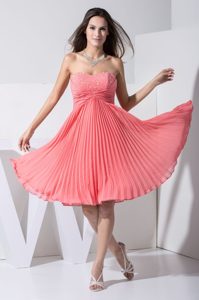 Watermelon Beaded Sweetheart Prom Dress with Pleat and Ruche