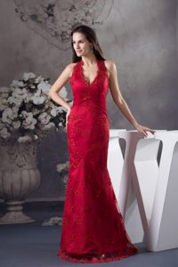 Traditional Sheath Halter top Embroidery Red Prom Celebrity Dress