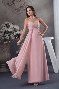 Sweetheart Pink Floor-length Column Prom Dress with Ruche and Beading