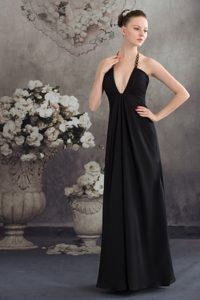 Halter Top Empire Sexy Floor-length Beading Prom Dress in Black