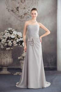 Spring Grey Chiffon Beaded Strapless Empire Prom Dress With Brush