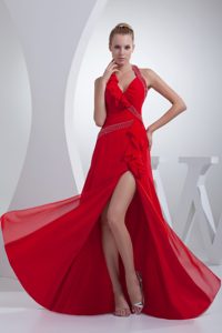 Brand New Halter top Beaded Slitted Red Prom Dress for Women