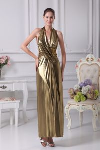Gold Halter Top Empire Beading Ankle-length Prom Dress in Backless