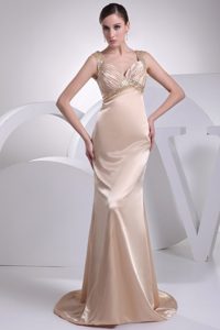 Champagne Beading and Ruche Straps Column Prom Dress with Brush Train
