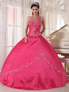 Halter Red Ball Gown Taffeta Floor-length Quinceanera Dress with Appliques