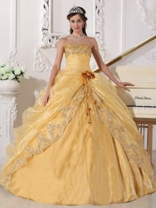 Gold Embroidery with Beading Strapless Organza Dresses For a Quinceanera