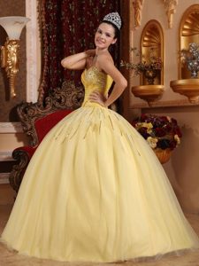 Sweetheart Floor-length Tulle Beading Light Yellow Sweet 16 Dresses