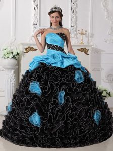 Sweetheart Beading and Rolling Flowers Quinceanera Dress in Blue and Black