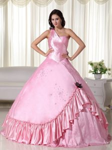 One Shoulder Floor-length Taffeta Beading Quinceanera Dress in Baby Pink