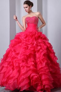 Coral Red A-Line Sweetheart Quinceanea Dress with Beading and Ruffles