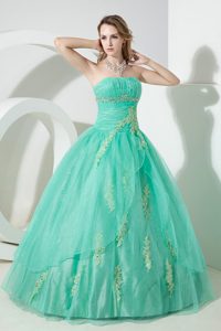 Strapless Turquoise Dress For Quinceanera with Beading and Embroidery
