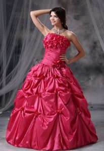 Ruching Coral Red Strapless Hand Flowers and Pick-ups Quinceanera Dress