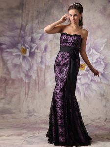 Mermaid Strapless Purple and Black Lace Prom Dress for Ladies
