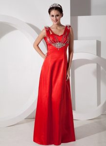 Charming V-neck Beaded Red Floor-length Dress for Prom Queen