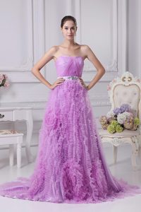 Beaded Lavender Brush Train Organza Prom Dress with Ruffles