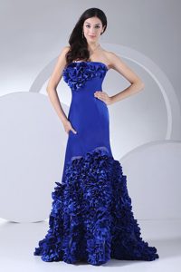 Chic Blue Mermaid Prom Dress With Hand Made Flowers Brush Train
