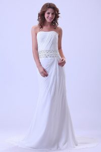 Simple Strapless Ruched White Court Train Prom Dress Designer