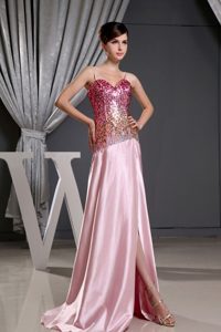 Spaghetti Straps Ruched Sequins Baby Pink Prom Dress for Girls