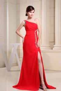 One Shoulder Beaded Slitted Red Prom Party Dress in Hampshire