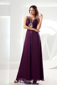 Empire V-neck Beaded Ruched Purple Long Dress for Prom Queen