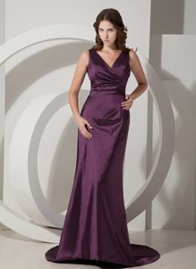 Fitted Column V-neck Sweep Train Purple Prom Evening Dress