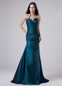 Appliques Halter Turquoise Taffeta Ruched Prom Dress for Cheap