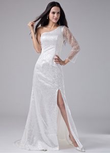 High Slit White One Shoulder Single Sleeve Prom Dress Sequined