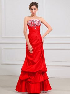 Red Lace Strapless A-Line Taffeta Prom Dress with Pick-ups