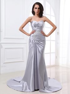Silver Satin Ruched Prom Dress With Beading and Brush Train