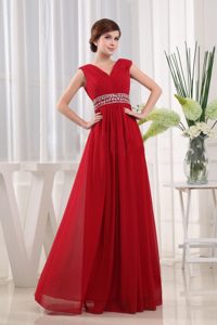 Straps V-neck Chiffon Empire Beaded Red Prom Dress with Ruche