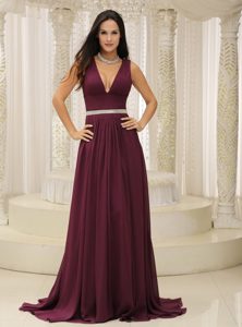 Classic Style Empire V-neck Burgundy Womans Prom Dress