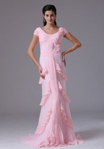 Arizona Baby Pink Column Short Sleeves Scoop Prom Gown Layered