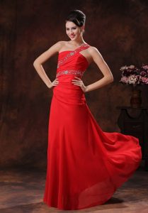 Red One Shoulder Chiffon Ruching Beaded Prom Dress In Alabama