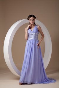 2014 Brush Train V-Neck Ruched Lilac Prom Dress for Girls
