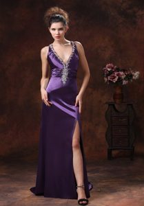 Purple V-Neck Brush Train Prom Dress with Crisscross Back