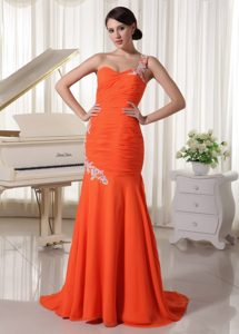 One Shoulder Appliqued Orange Red Prom Dress Floor-length