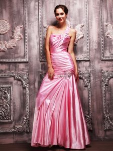 Cheap One Shoulder Ruched Rose Pink Prom Party Dress Online