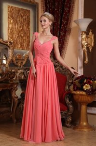 Beaded and Ruched Watermelon V-neck Prom Bridesmaid Dress Chiffon