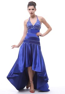 Best Royal Blue Halter High Low Prom Maxi Dress with Beading 2014