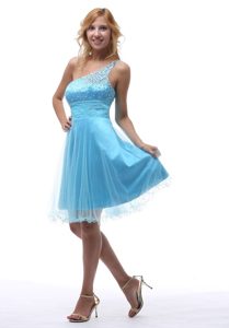 2013 New Arrival Aqua Blue One Shoulder Beaded Prom Maxi Dresses