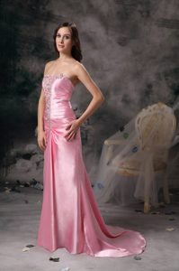 Beaded and Ruched Rose Pink Prom Maxi Dresses with Brush Train
