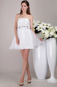 2013 New White Strapless Organza Prom Party Dress with Appliques