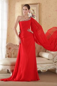 Best Red Asymmetrical Chiffon Beaded Prom formal Dress Brush Train