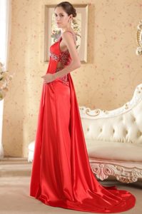 Beading Accent V-neck Red Brush Train Satin Prom formal Dresses