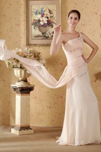 Beaded One Shoulder Ruches Chiffon Prom formal Dress in Baby Pink